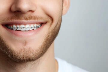 Fototapeta premium Braces adjustment smile reveal dental clinic portrait bright atmosphere close-up confidence in oral health