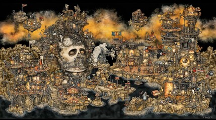 Epic City Battle Scene with Dense Crowd and Ornate Buildings in Warm Color Palette