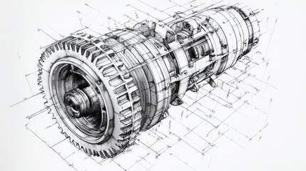 Analyzing mechanisms black and white engineering drawing workshop technical illustration industrial setting detailed view mechanical concept