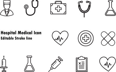 Hospital and medical editable line art icons set. Health care flat outline vector illustration design. Isolated on a white background.