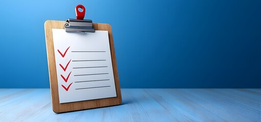 Blank checklist on clipboard with checkmarks on blue background