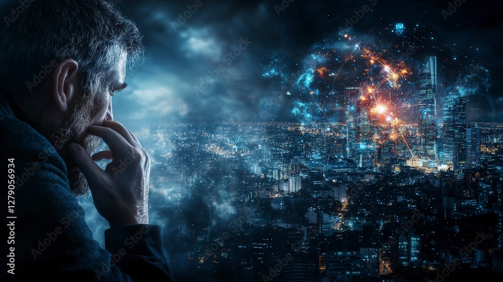 Poster exploring digital empathy emotional interfaces in urban settings cityscape digital art nighttime ref