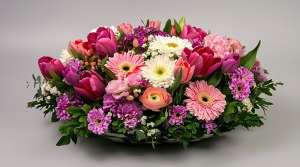 A colorful bouquet of mixed flowers, including tulips, daisies, and roses, arranged neatly on a neutral background.