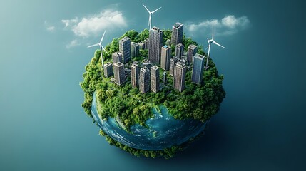 Sustainable City on a Miniature Planet, A miniature planet with a cityscape surrounded by lush greenery, solar panels, and wind turbines, symbolizing sustainable urban development and renewable energy