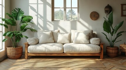 Fototapeta premium Serene living room interior with a beige sofa, wooden frame, and potted plants in sunlight. Cozy and minimalist home decor.
