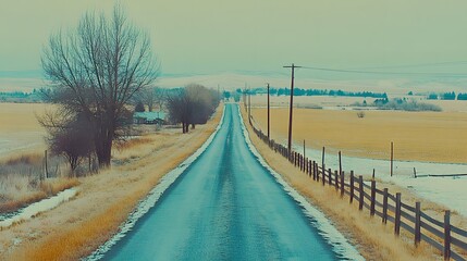 Straight Asphalt Road Cutting Through Brown Grass Field Under a Blue Sky on a Winter Day