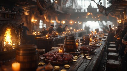Fototapeta premium ultra-realistic cinematic depiction of a bustling pirate tavern filled with lively characters enjoying a grand feast. wooden tables are covered with roasted meats, barrels of ale, and scattered gold c