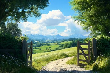 Fototapeta premium Picturesque Country Gate Opens to Serene Mountain Views