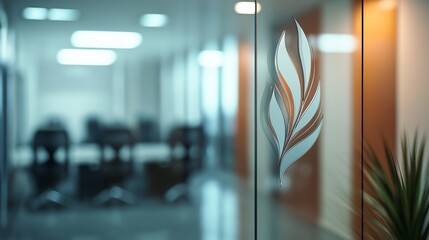 A company logo displayed on a glass office wall, giving a 3D branding effect.