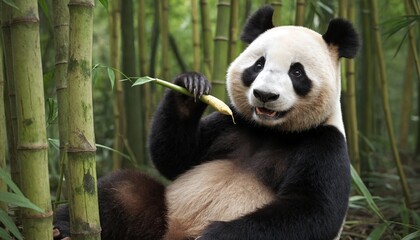 Obraz premium Panda sits amongst bamboo stalks and has a stalk of bamboo in its paw.