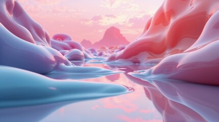 Surreal landscape with glossy, colorful, organic shapes