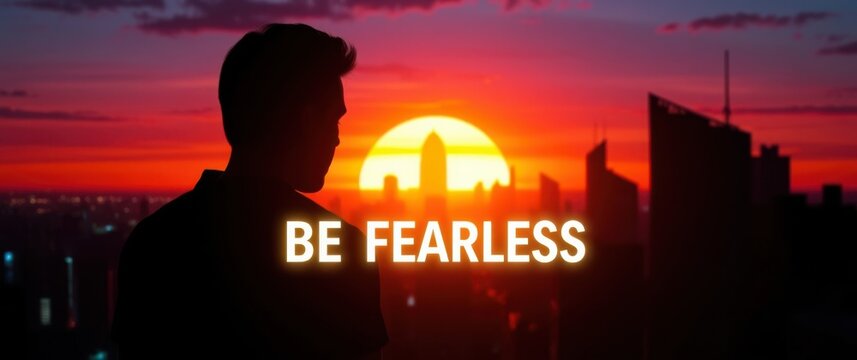 Silhouette of a person gazing at cityscape at sunset inspires courage and boldness to face challenges.