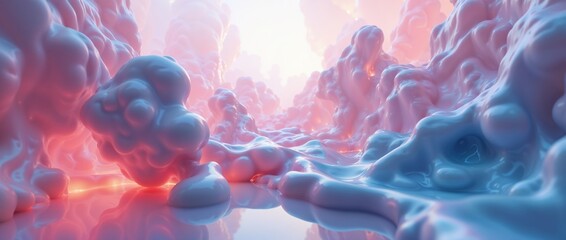 Surreal abstract landscape with glossy pink and blue fluid formations