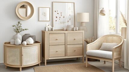 Obraz premium Bright Room with Rustic Wooden Furniture Wicker Accents and Neutral Color Palette