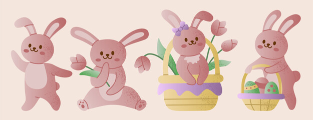 Fototapeta premium Adorable textured bunnies in pastel tones with tulips, baskets, and Easter eggs, perfect for spring, Easter-themed designs, and childrens projects.
