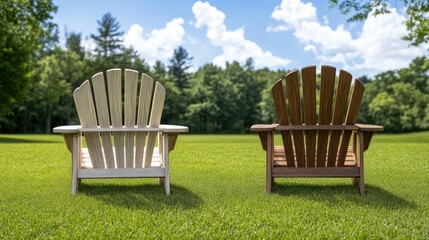 Two elegantly crafted wooden chairs sit gracefully on a meticulously maintained lawn, nestled beneath a vivid blue sky adorned with soft, fluffy white clouds