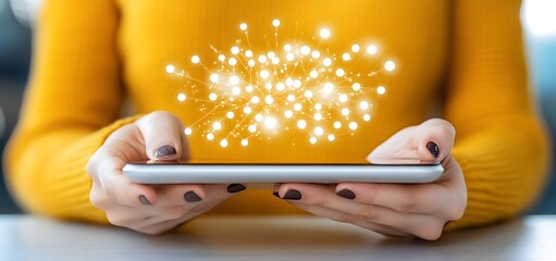 Woman in yellow sweater holding tablet with glowing digital lights