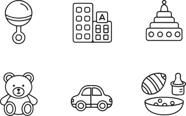 Toddler toys feature editable stroke line art vector icon, isolated on a white background.