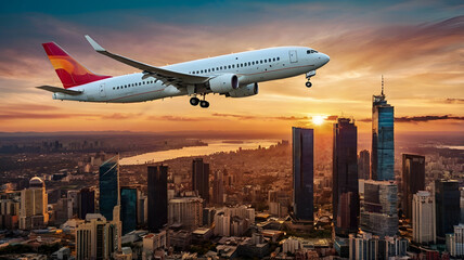 Naklejka premium airplane in the city at night