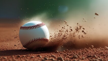 Baseball skidding on dirt, dust spray, motion blur, intense action shot

