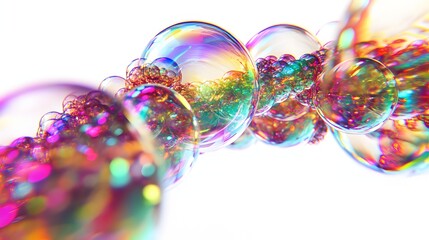 Naklejka premium Macro Shot of Iridescent Bubbles with Glitter on White Background