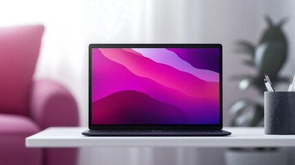 A MacBook mock-up on a clean desk setup, showcasing a website design.