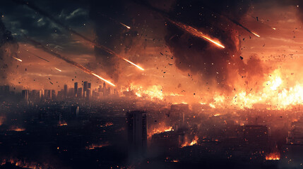 Missiles streak through the darkened sky above a city engulfed in destruction and chaos during intense military conflict