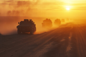 Fototapeta premium Military convoy advancing through dusty terrain at sunset in a remote location, showcasing armed vehicles on a mission