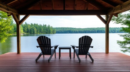Relaxing chairs on a lakeside porch offer a serene view of tranquil waters and lush greenery during a peaceful morning