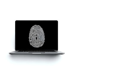 Laptop with fingerprint, cybersecurity concept.