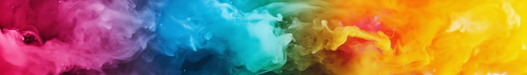 Vibrant rainbow-colored smoky banner with soft, flowing wisps of colorful smoke. Perfect for abstract, artistic, and modern design projects.