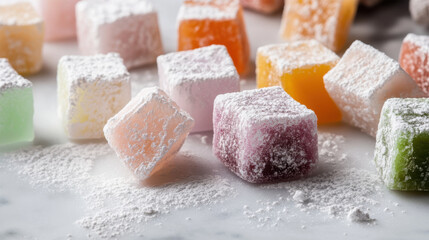 Colorful Turkish delight cubes dusted with powdered sugar