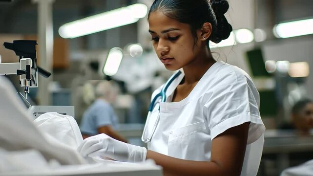 Girl working in garment factory stitching clothes long hours