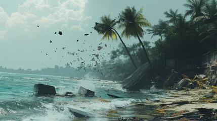 Tropical Coastal Destruction Debris and Waves Crashing
