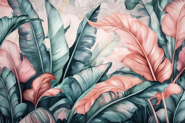 Soft pastel tropical leaf wallpaper featuring banana plants.