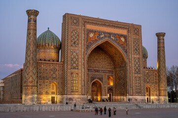 Ulugh Beg Madrasa at the Registan, Samarkand, Uzbekistan, in the evening