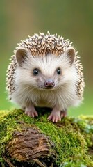 Fototapeta premium A delightful little hedgehog sits gracefully atop a moss-covered log, nestled in a tranquil forest environment illuminated by daylight