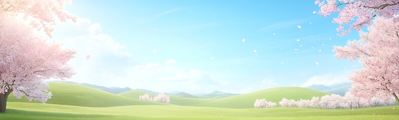 Fototapeta premium A serene anime-style landscape featuring rolling green hills and a tranquil countryside setting.