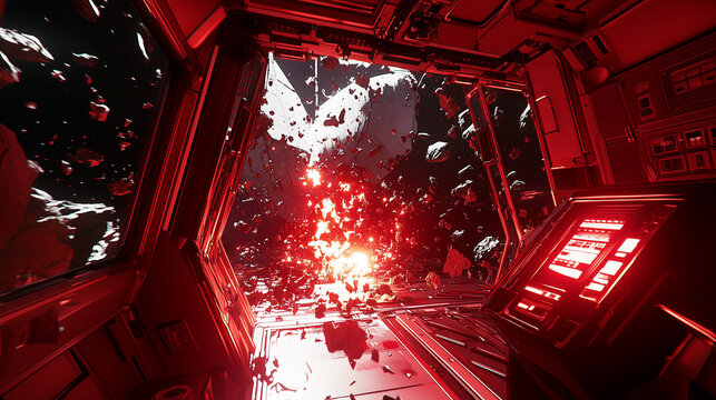 Space station enduring an emergency as it comes under siege from debris in a dramatic display of chaos and urgency