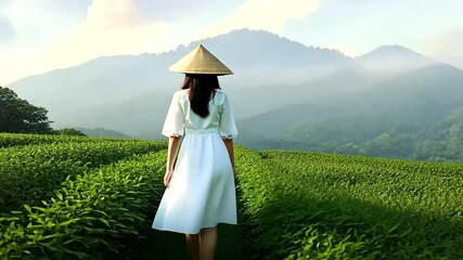Tea picker working under the sun in a lush tea garden