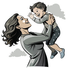 A joyful mother playfully lifts her young child high in the air, showcasing a moment of pure, unadulterated happiness and connection.