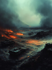 Fototapeta premium War-torn landscape with burning vehicles and smoke rising from the ground during a conflict