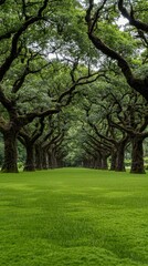 Obraz premium A vibrant and lush green pathway winds through towering ancient trees, basking under the warm sun in a peaceful natural environment