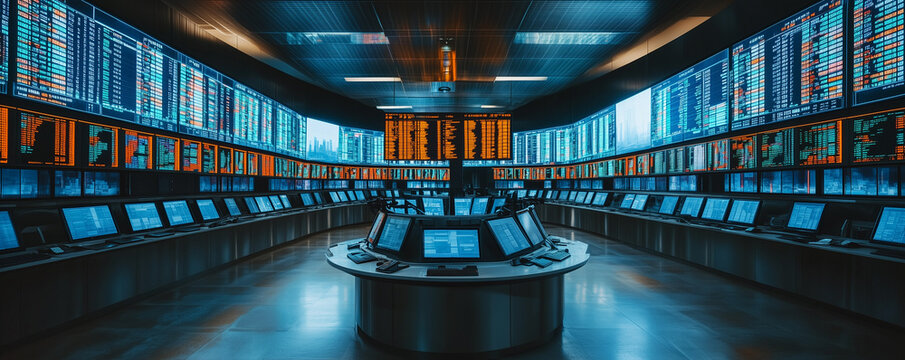 Stock exchange trading floor filled with screens displaying market data in real time during peak trading hours