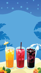 Design a vibrant vector banner advertising colorful cocktails.  Include diverse drink types, garnishes, and a playful, summery aesthetic.