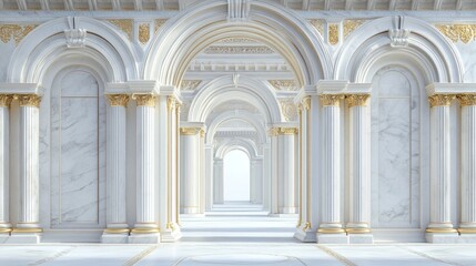 Fototapeta premium Elegant marble arched colonnade hallway, ideal for architecture, interior design, or luxury themes