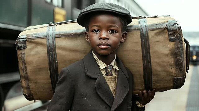 Young boy porter carrying oversized luggage at train station