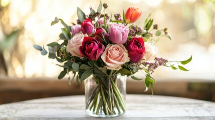 Obraz premium A heartfelt bouquet for Valentine's Day featuring a mix of roses, tulips, and seasonal blooms arranged in a glass vase.