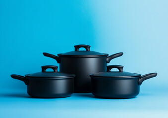 Three black pots and pans of different sizes on the left side of an empty light blue background