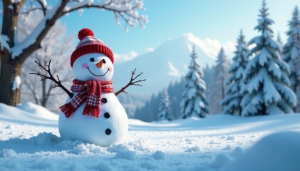 Fototapeta premium Winter scene with a smiling snowman standing in front of a serene snowy landscape with bare trees and a blue sky , calm, snowy landscape